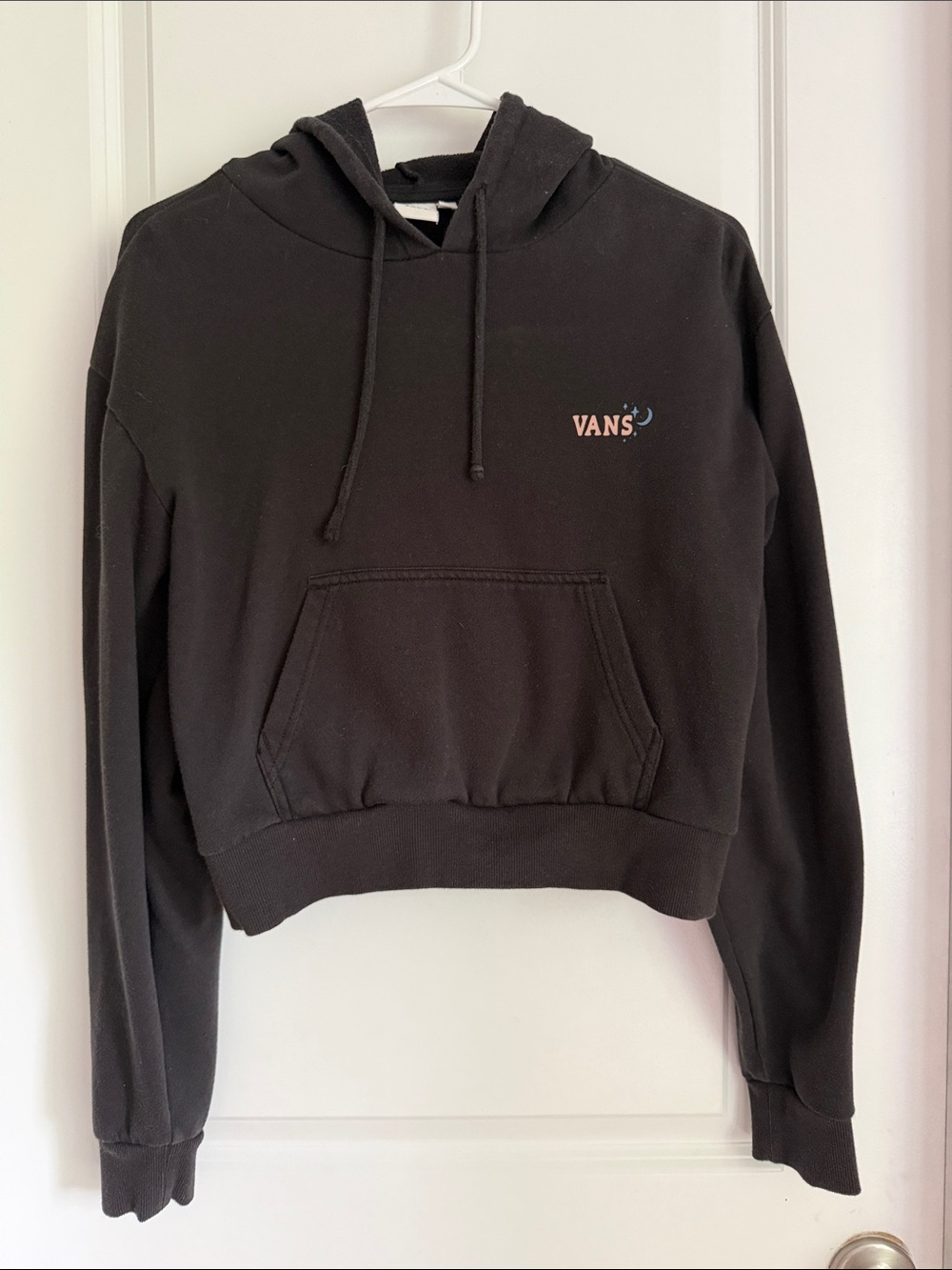 Vans Black Cropped Hoodie with Small Pink Logo and graphic on back